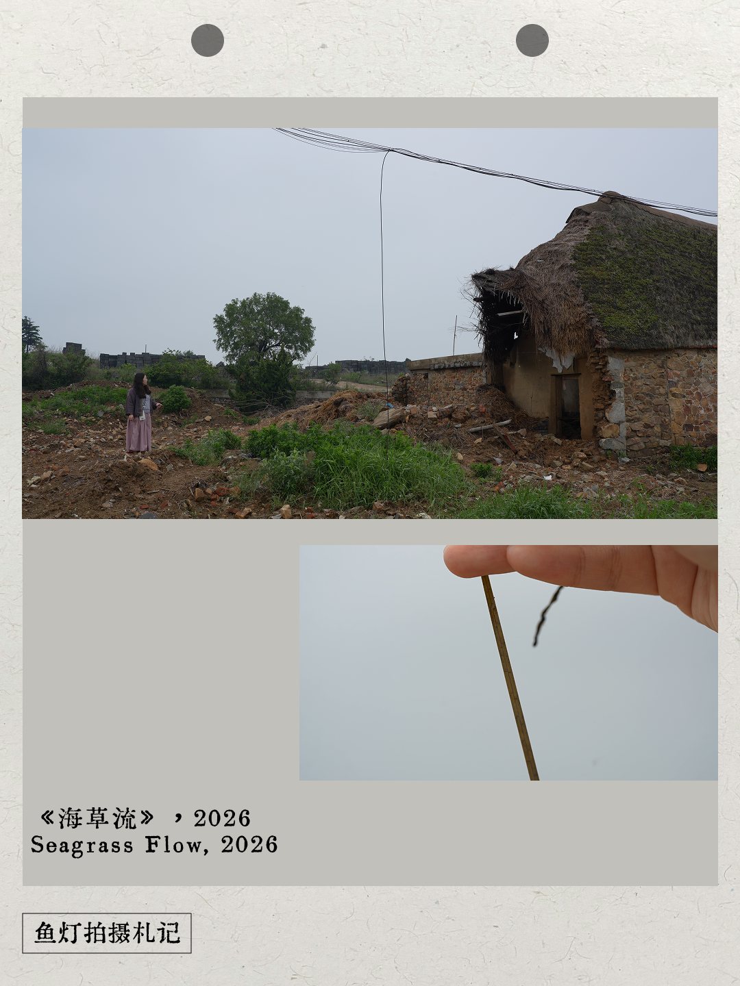 A seagrass-roofed house and a close view of seagrass in a field-notebook page from Seagrass Flow